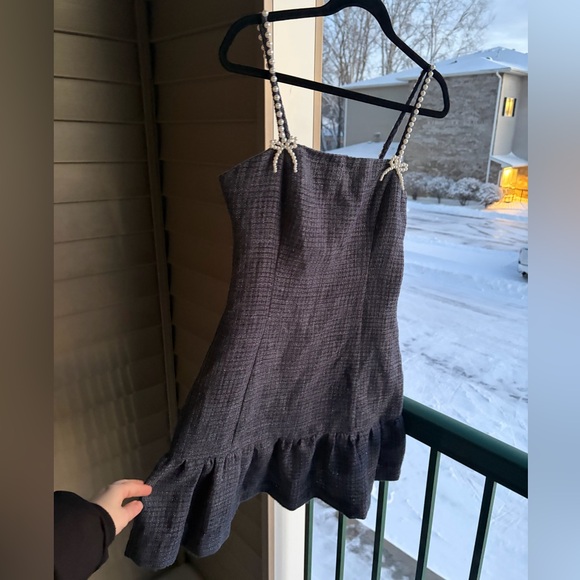 🆕 AQUA Tweed Drop Waist Mini Dress Exclusive Pearl Strap Bow Detail Size S Party - Picture 7 of 16